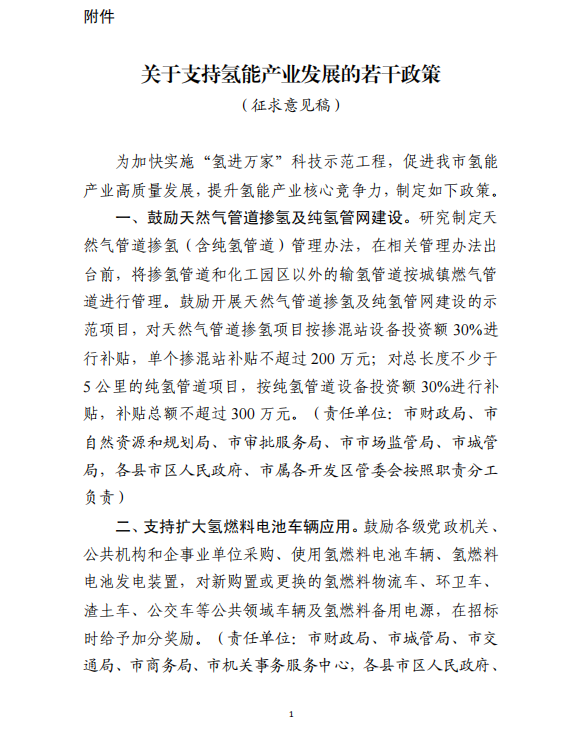 濰坊市發布氫能政策征求意見稿，繼續對加氫站建設和運營進行補貼